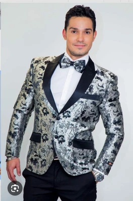 Chaqueta Esmoquin Xander Xiao Floral Bordada Negra Plata 2 Botones 40 S Calce Ajustado Foto 1 de 4