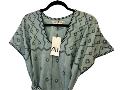 NUEVO CON ETIQUETAS ZARA Vestido Midi Caftán Bordado Verde Menta Lino Algodón Boho Chic Talla S Foto 1 de 4
