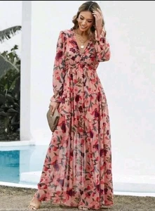 Shein Floral Maxi Dress Pleated Edges Layered Chiffon Evening Cocktail Medium - Picture 1 of 13