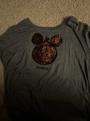 Disneyland Halloween Flip Sequin Micky Pumpkin Gray Soft Tee T-Shirt Top Size 3X - Imagem 1 de 4