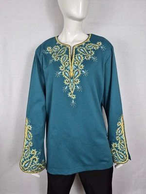 Top túnica artística portátil Bob Mackie XL verde azulado dorado bordado cachemira boho festival Foto 1 de 4
