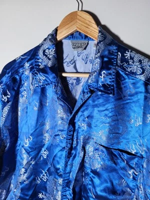 Clubbing Chinese dragon Blue satin Shirt Short sleeve men L Pop Icon nwot  - Image 1 of 4