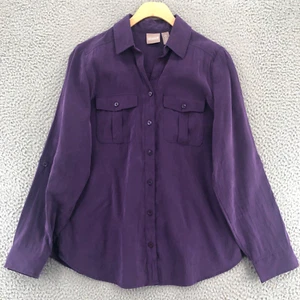Chicos Shirt Womens 0 US Small Purple Modal Button Collar Long Roll Tab Sleeve* - Foto 1 di 12