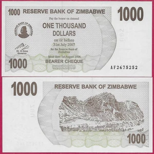 ZIMBABWE 1 000 DOLLARS 2006 UNC AF, ÉMISSION DE CHÈQUE PORTEUR, COLLINES EN TERRASSE, LOGO DE TH - Photo 1/1