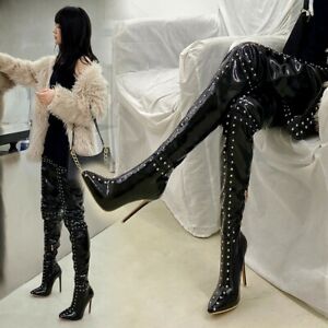 Women Thigh High Boots High Heels Pointed Side Zip Over Knee Boot Clubwear Shoes