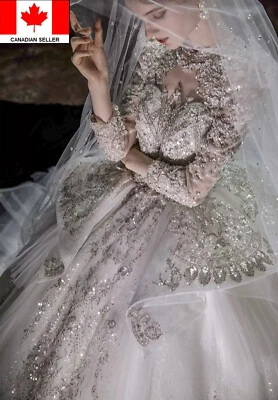 Vestido de novia retro de lujo con cuentas manga larga espalda abierta con gran vestido largo de princesa Foto 1 de 4