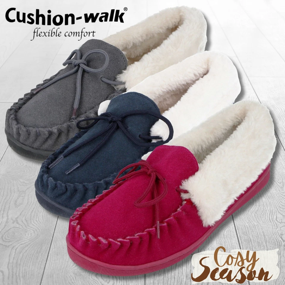 Ladies Womens Cushion Walk Real Suede Faux Fur Lined Warm Moccasin Full Slippers