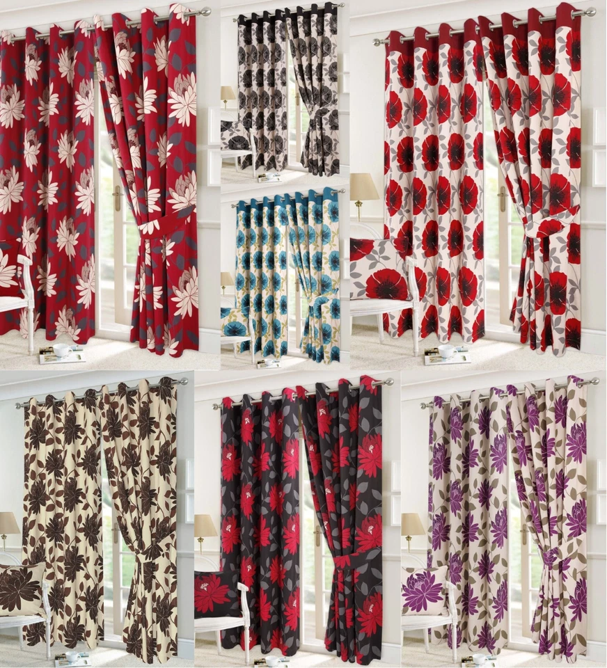 Thick Polycotton Ring Top Pair Curtains Floral Eyelet Fully Lined With Tie-Backs - Image 1 of 1