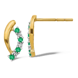 14K Solid Yellow Gold Diamond Emerald Dangle Earrings - Picture 1 of 11