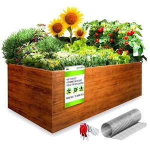 GARTENDEK ® Lit surélevé métal 200 x 100 x 63 cm - résistant aux intempéries, aspect bois, avec filet - Photo 1/6