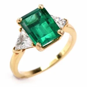 3ct Emerald Diamond Trilogy Engagement Ring 14k SOLID Yellow Gold Natural Accent - Picture 1 of 12