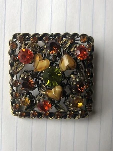 Vintage Made In Austria Brosche goldfarben Herbstfarben 1,5" 45 Edelsteine gemarkt eckig - Bild 1 von 13