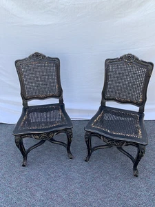 Vintage Pair French Country Carved Wicker Distressed Black Chairs - Picture 1 of 12