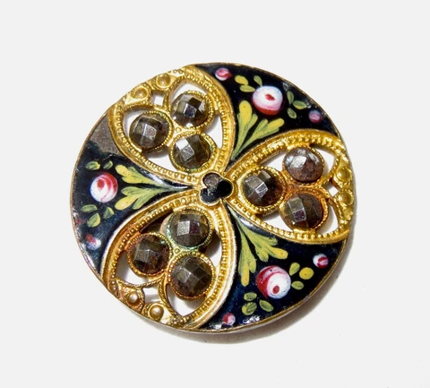Antique French Enameled Flowers Cut Steel Button Cover