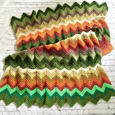 Afghan Crochet Blanket Vtg 70s Style Chevron Zig Zag 33”x62” Green Brown Orange - Image 1 of 4