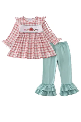 NWT Boutique Girls 12 Size Months Farm Animals Pants Set Long Sleeve Red Plaid - Image 1 of 4