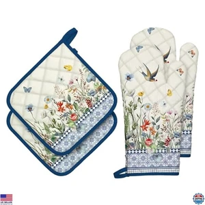 Charmante Retro Wildblumen 4-teiliges Ofenhandschuhe & Topflappen Set - 100% Baumwolle - Bild 1 von 6
