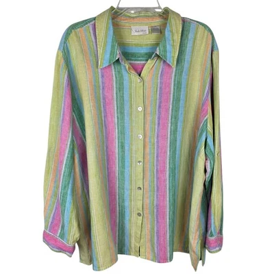 Studio Works 100% Linen Button Up Shirt Plus 3X Colorful Striped Beachy READ - Image 1 of 4