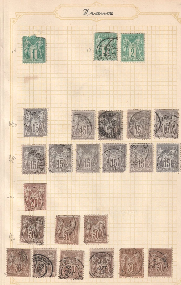 Page of Classic France Stamps 1870s - Peace and Commerce Series - Image 1 of 1