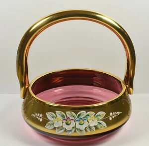 Stunning Vajgar Bohemian Czech Cranberry Basket Enamelled Flowers 24ct Gold Gilt - Picture 1 of 6