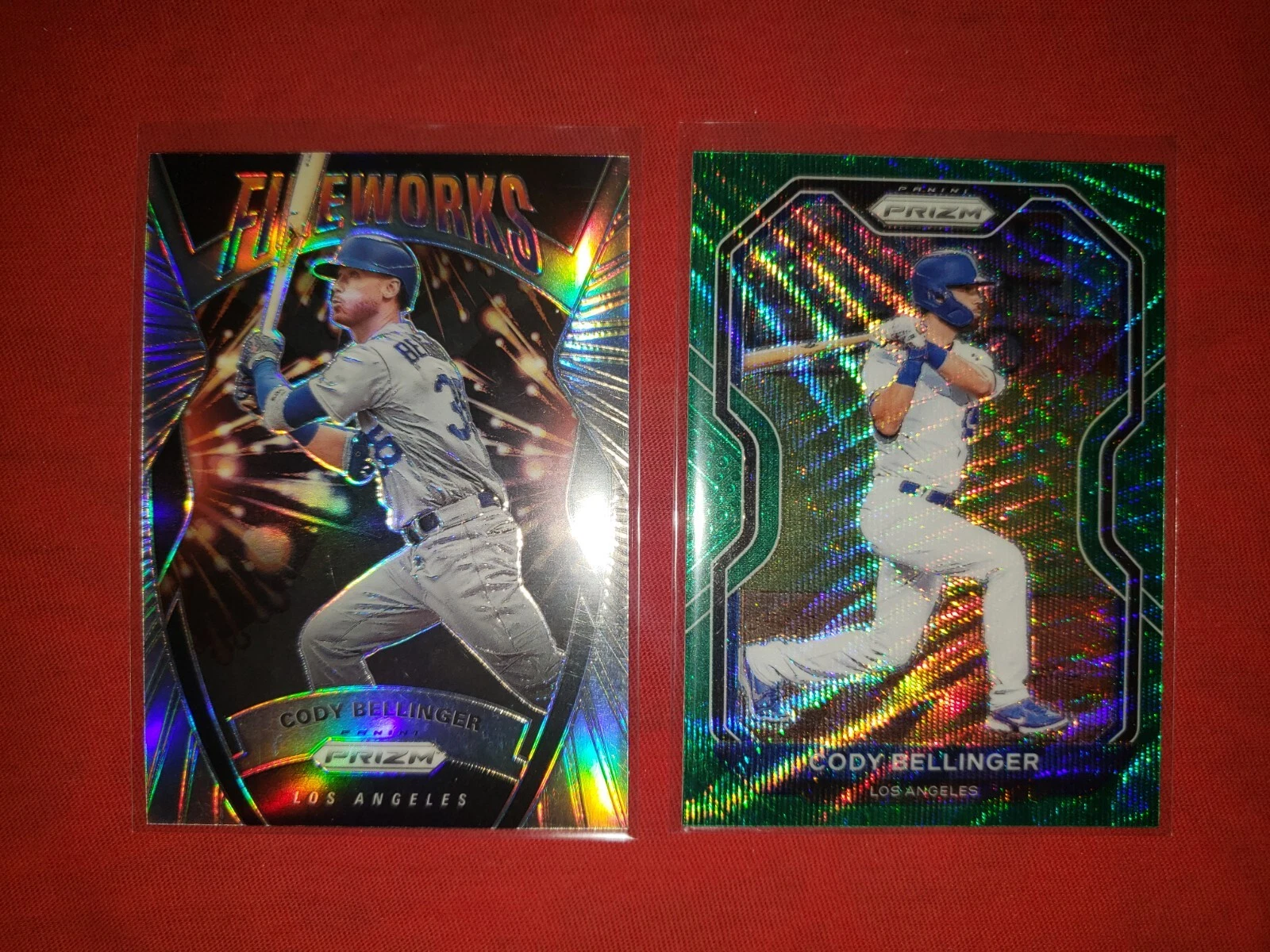 (2) 2020 Prizm Fireworks SILVER 2021 Prizm GREEN PRIZM Cody Bellinger Dodgers
