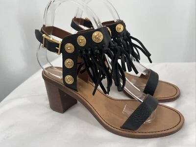 Sandalias de tacón VALENTINO GARAVANI de cuero negro con flecos dorados talla 38 Foto 1 de 4
