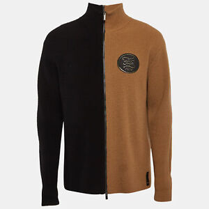 Fendi Beige/Black Rib Knit Applique Detail Double Zipper Sweater L