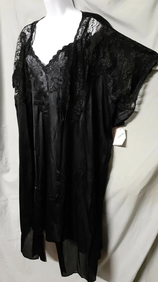 Ventura Black Nightgown Robe Set Knee Cap Sleeve Sexy Nylon Plus 3X 52"  Bust   - Image 1 of 4