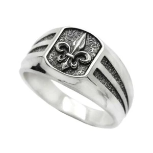 Heraldic Lily Fleur-de-lis Mens Signet Sterling Silver Ring - Picture 1 of 6