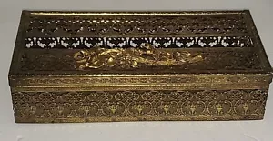 Matson 24K Gilt Gold Roses Kleenex Tissue Box Holder HOLLYWOOD REGENCY Hinged - Picture 1 of 11