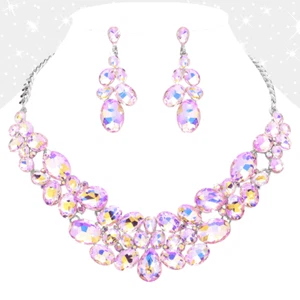 PINK/SILVER RHINESTONE NECKLACE Multi Stone Bubble Cluster Necklace W/EARRINGS - Picture 1 of 3