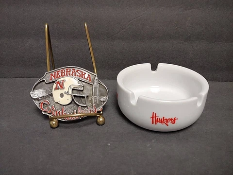 VTG Nebraska Cornhuskers Football Belt Buckle, 1987 Season AND Huskers Ash Tray Cover