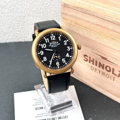 Shinola Runwell 47MM Quartz Black Dial PVD Gold Case Men's Leather Watch - Image 1 of 4