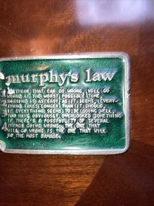 vintage pewter/green rectangular Murphy’s Law belt buckle #2006 3”x 2.5” 1960,s - Picture 1 of 3
