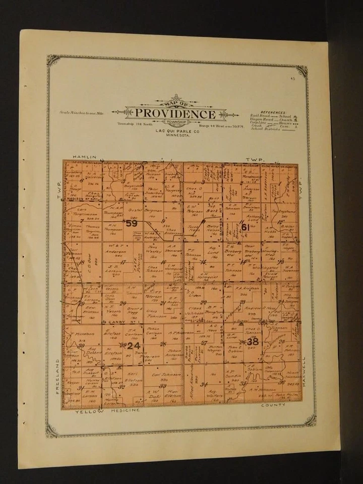Minnesota Lac Qui Parle County Map Providence Township  1913  W3#08 - Image 1 of 1