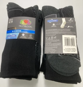 Fruit of the Loom CoolZone Crew Socks, Black, Large (Men's Shoe 6-12), 6 pairs - Picture 1 of 2