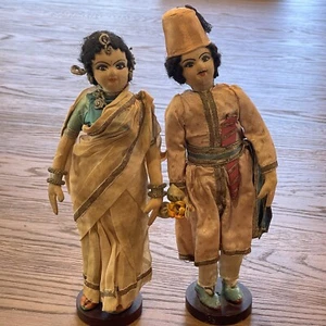 Laxmi Indian India Cloth Dolls Male & Female Couple Bouillon Thread Silk Vintage - Picture 1 of 12
