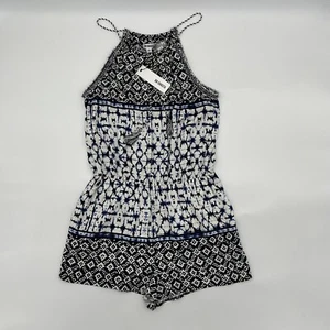 New BB Dakota Boho Tassel Romper Blue Geometric Multi Print Women’s Size M NWT - Picture 1 of 12