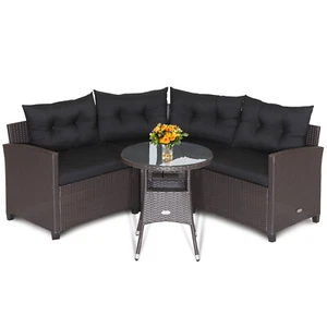 Patiojoy 4PCS Patio Rattan Furniture Set Cushioned Sofa Glass Table Garden Black - Picture 1 of 10