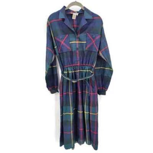 Vintage Henry Lee Blue plaid belted long sleeved midi length dress.     (2074) - Picture 1 of 7