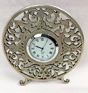 Lenox Quartz Kirk Stieff Round Pewter Filigree Art Deco Desk Clock NEW BATTERY - Picture 1 of 8