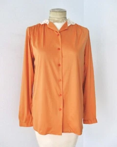 Blusa Top Cuello Encaje 34 De Colección Años 60 70 Caqui Calabaza Poli Tejido Botón - Imagen 1 de 8