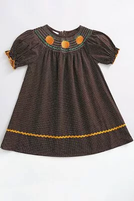 NEW Boutique Pumpkin Girls Embroidered Smocked Brown Dress - Image 1 of 4