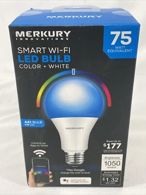 Merkury Innovations Color+White Smart A21 Light Bulb, 75W Equivalent 1050 Lumens - Image 1 of 4