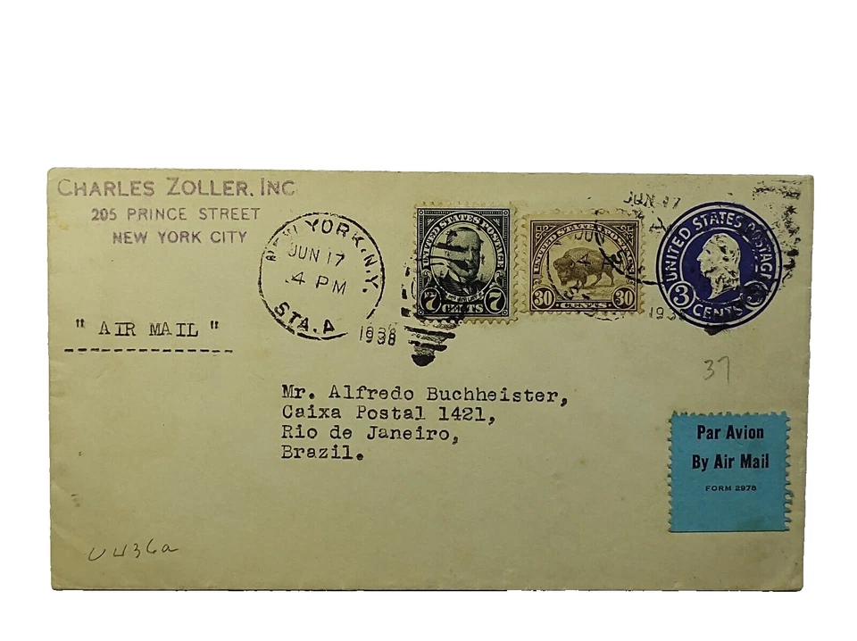 Papelería postal de correo aéreo mejorada 1938 Nueva York - Río de Janeiro Brasil SC #700 Foto 1 de 2