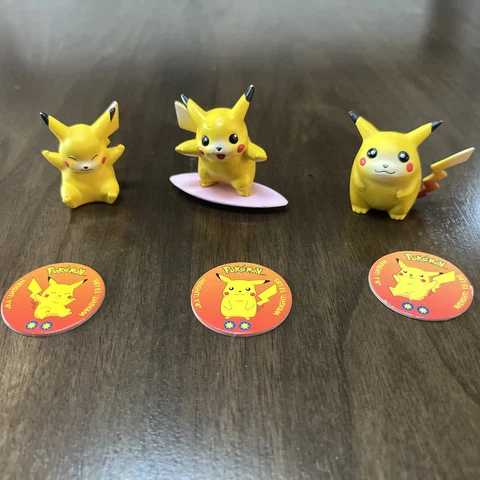 Pokemon TOMY CGTSJ Pikachu Figure Lot 3 Vtg Nintendo 90s Gen 1 PVC Toy W/ POGs Cover