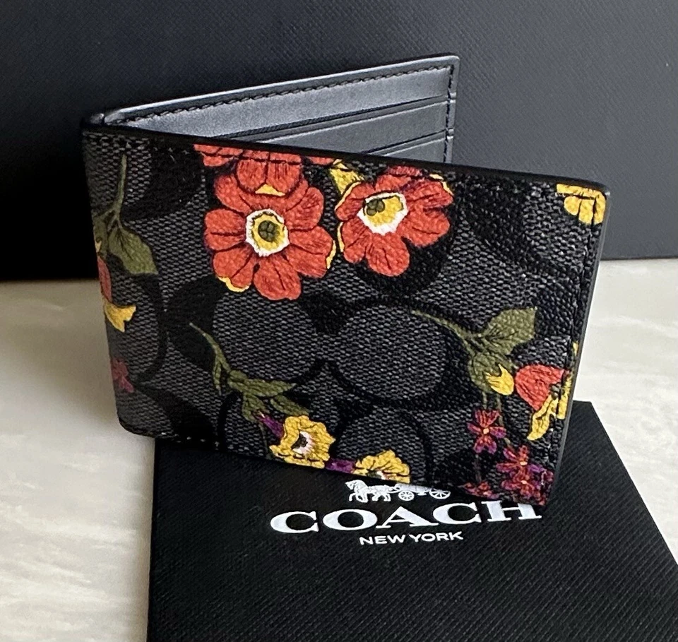 COACH CHARCOAL/MULTI SIGNATURE FLORAL COMPACT BILLFOLD WALLET CR402
