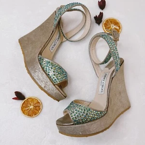 Jimmy Choo Shoes 35 Pablo Platform Wedge Mermaid Ankle Strap Metallic Crystal - Picture 1 of 11