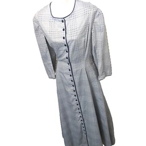 Vestido Abrigo Largo Completo Vintage Medio Modesto Hecho a Mano Azul Dobby Dot Completamente Forrado - Imagen 1 de 18