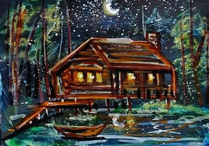 ACEO Original PAINTING Spring TREE Night Sky Moon CABIN Nature Landscape ATC ART - Afbeelding 1 van 1